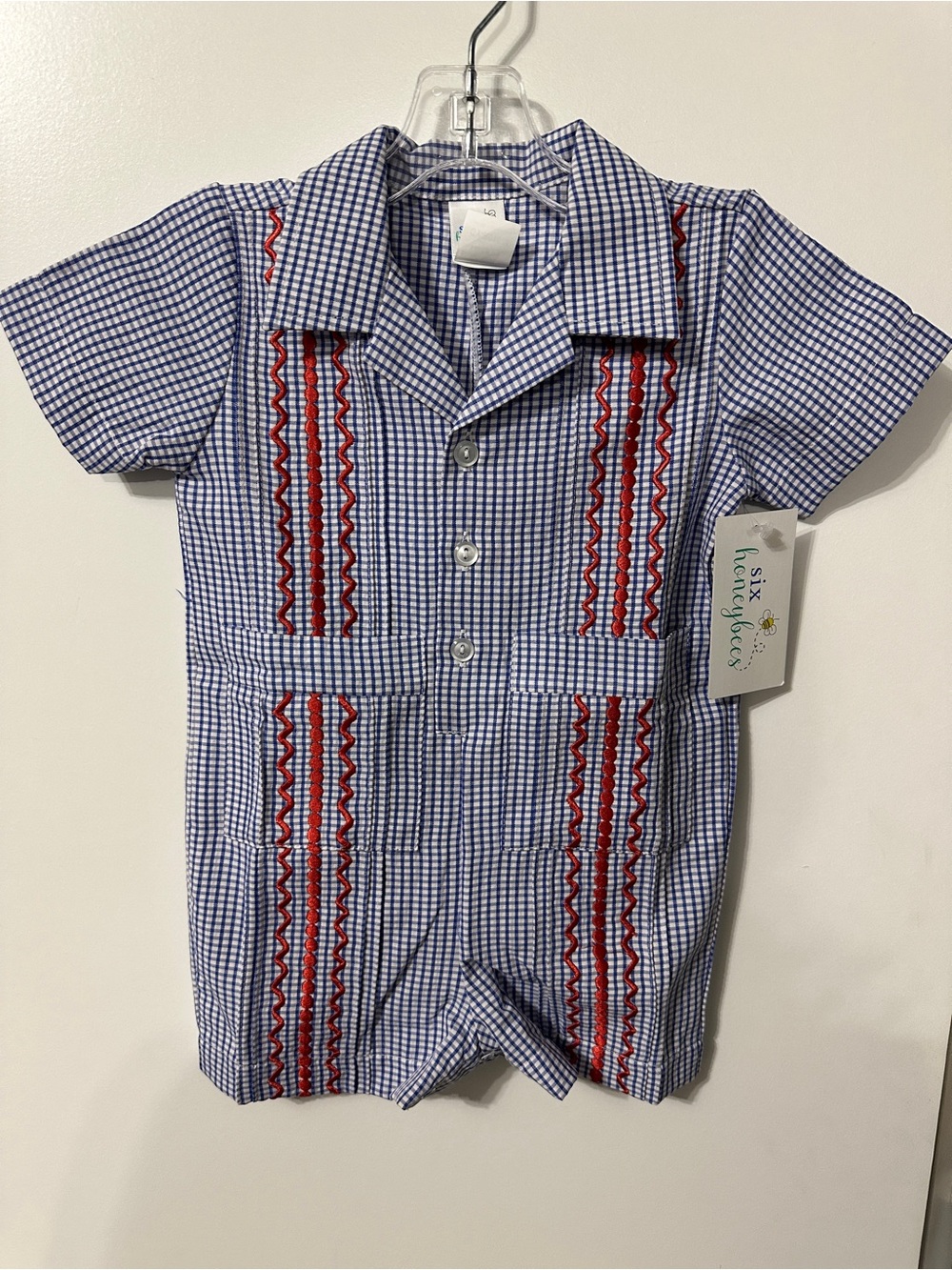 Bowie Guayabera Romper with Red Embroidered Trim by Six Honeybees NWT